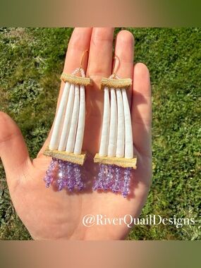 Handmade Beaded Earrings: Purple & White Dentalium, Elk Leather Native Made Art